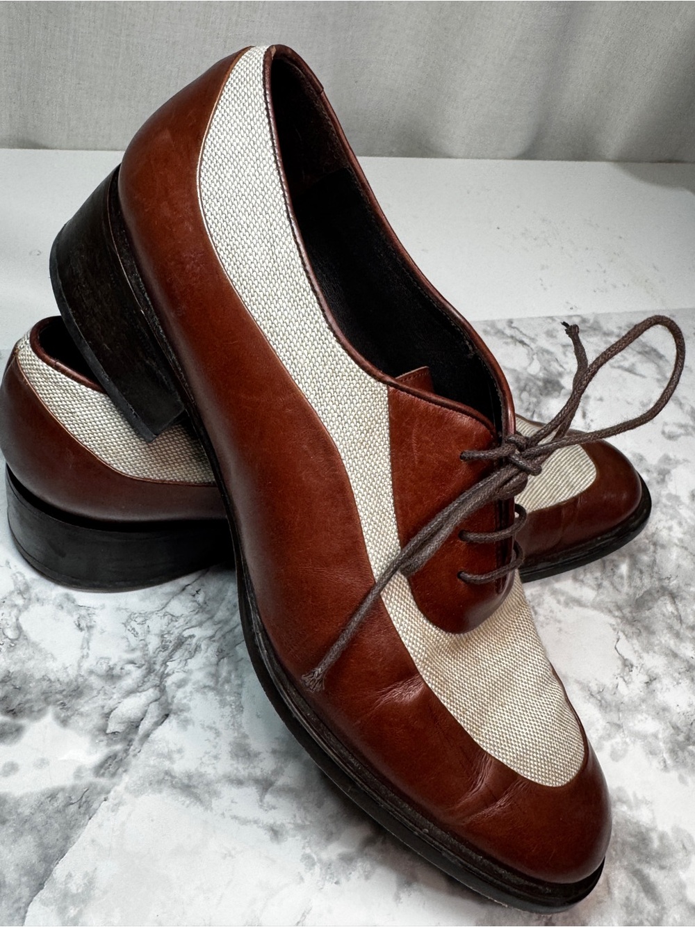 Vtg Mezlan Rivera Two Tone Leather/ Linen Oxford Dress Shoes Brown Men's 8M